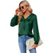 Color-Blackish Green-Women Satin Pleated Long Sleeved Top V Neck Casual Loose Work Office Satin Shirt-Fancey Boutique