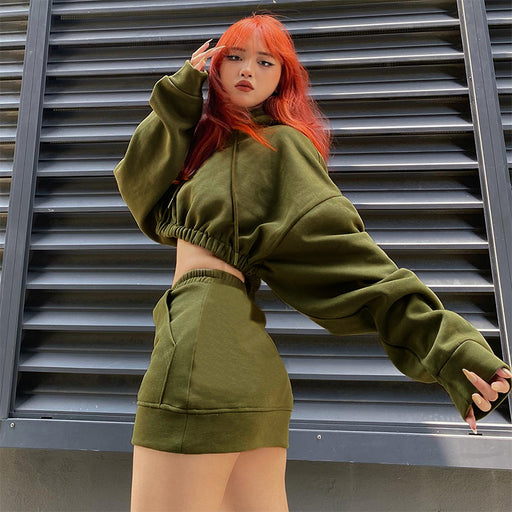 Color-Street Trends Cool Sweet Girl Cropped Cropped Hoodie Short Skirt Two Piece Suit Women-Fancey Boutique