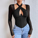 Color-Sexy Cross Halterneck Low Cut See through Long Sleeved T shirt Steel Ring Boning Corset Waist Top-Fancey Boutique