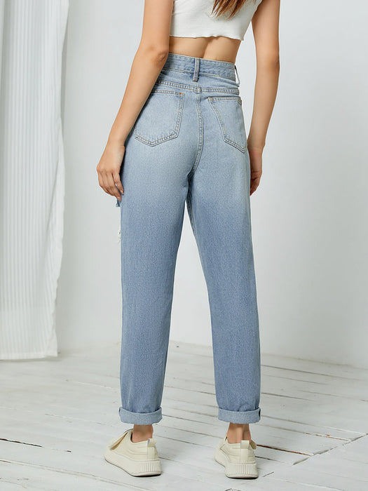 Color-Straight Leg Pants Washed Broken Holes Pants High Waist Jeans-Fancey Boutique