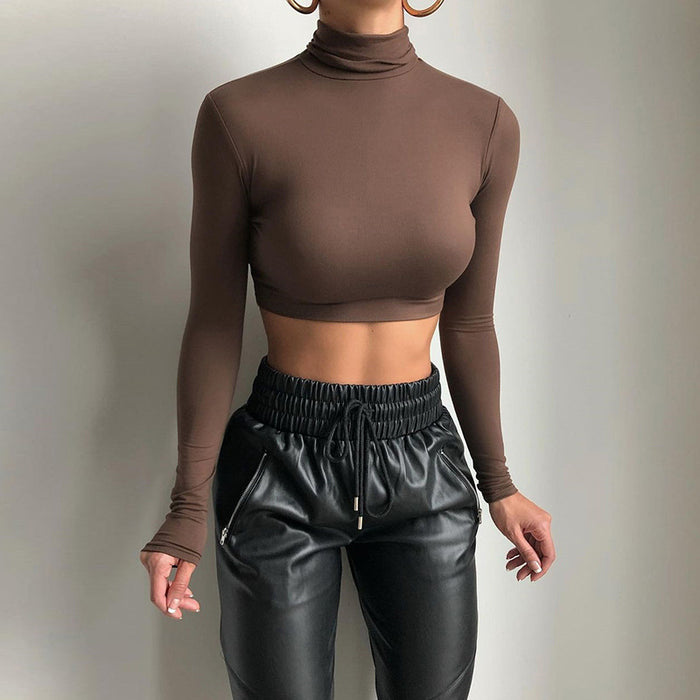 Color-Fall Women Clothing Sexy Slim Fit Short Bottoming Long Sleeved Turtleneck Top-Fancey Boutique