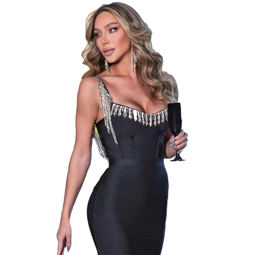 Color-Black-Women Clothing Sexy Sling Bandage Dress Diamond Tassel Elastic Hip Party Dress Dress-Fancey Boutique