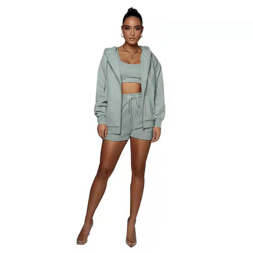 Color-Blue-Spring Autumn Urban Casual Solid Color Cardigan Hooded Shorts Women Velvet Long Sleeve Sweatshirt Suit Two Piece Set-Fancey Boutique