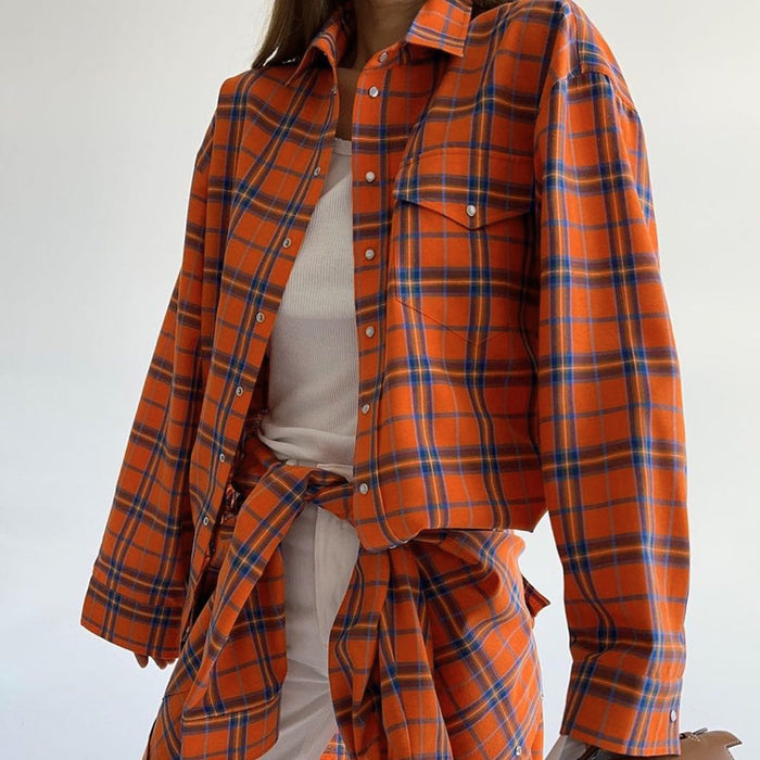 Color-Fall Women Clothing College Orange Plaid Shirt Women Loose Pockets Collared Long Sleeve Shirt-Fancey Boutique