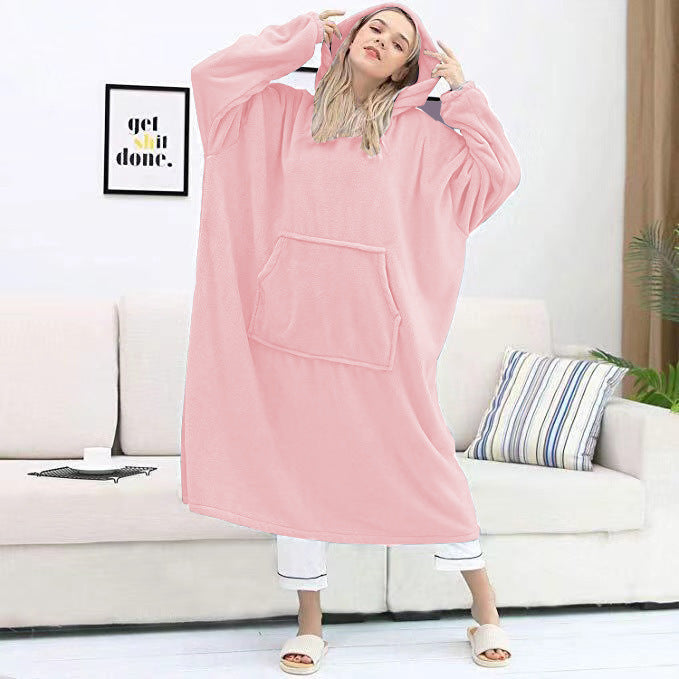 Color-Dried Shrimp Powder-Couple Nightgown Double Sided Flannel Extended Hooded Pajamas Women Nightdress Pajamas Pajamas-Fancey Boutique