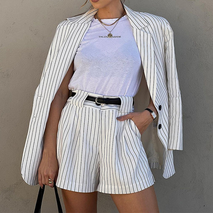 Color-Autumn Women Fashionable Striped Long Sleeve Shorts Two Piece Set-Fancey Boutique