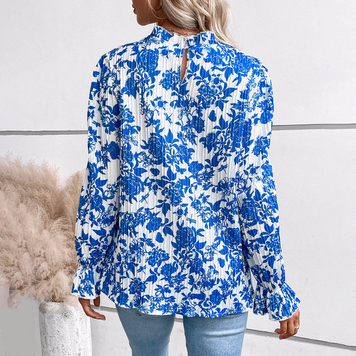 Color-Blue-Women Autumn Winter Casual Printing Round Neck Long Sleeve Top-Fancey Boutique