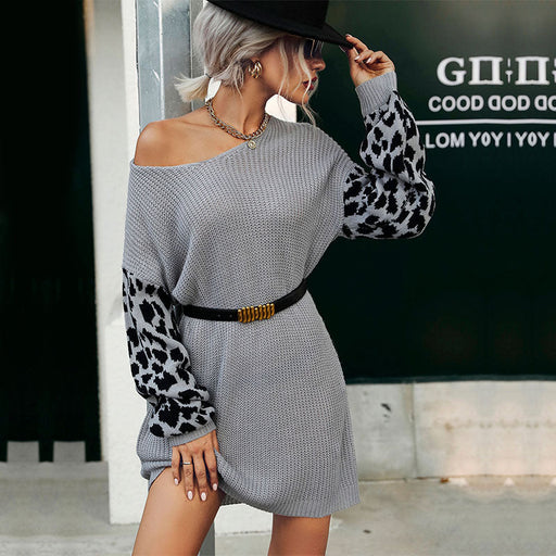 Color-Autumn Winter Women Wear Long Sleeve V neck Stitching Leopard Print Woolen-Fancey Boutique