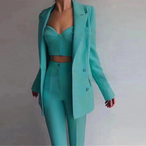 Color-Turquoise-Casual Solid Color Office Business Casual Women Work Pant Three Piece Set-Fancey Boutique