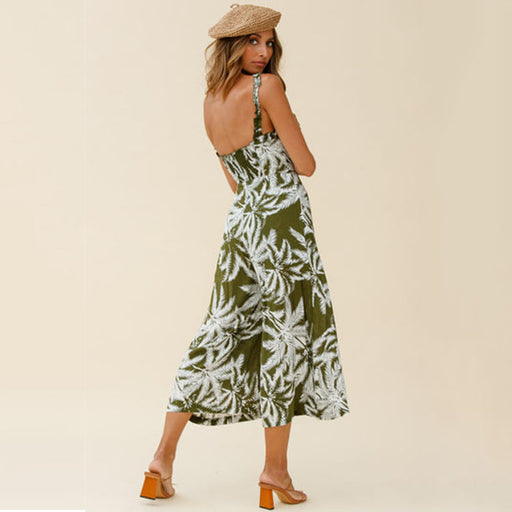 Color-Bohemian Women Clothing Summer Ruffled Shoulder Strap Palm Print Casual Mid-Length Jumpsuit-Fancey Boutique