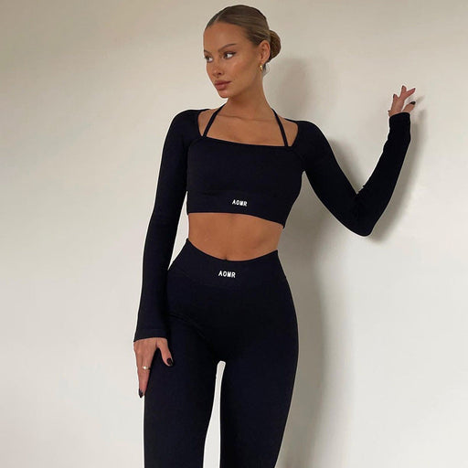 Color-Solid Color Knitted Letter Graphic Body Hugging Set round Neck Long Sleeve Short Top High Waist Skinny Leggings Two Piece Set Women-Fancey Boutique
