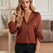 Color-Fall Winter Women Clothes Wind V neck Casual Solid Color Loose Long Sleeves Top-Fancey Boutique