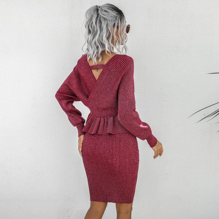 Color-Women Clothing Autumn Winter Casual Ruffled Knitted Sweater Dress Two Piece Set-Fancey Boutique