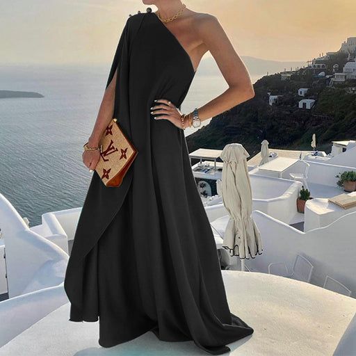Color-Summer Women Clothing Graceful Fashionable Solid Color French Loose One-Shoulder Maxi Dress-Fancey Boutique