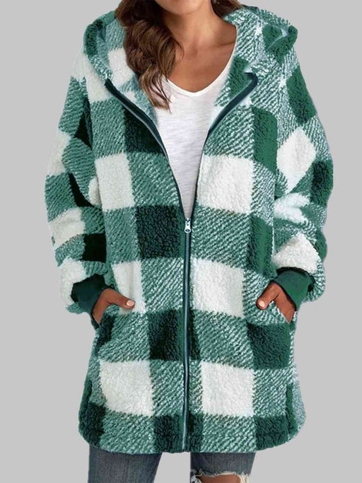 Color-S-Plaid Zip-Up Hooded Jacket with Pockets-Fancey Boutique