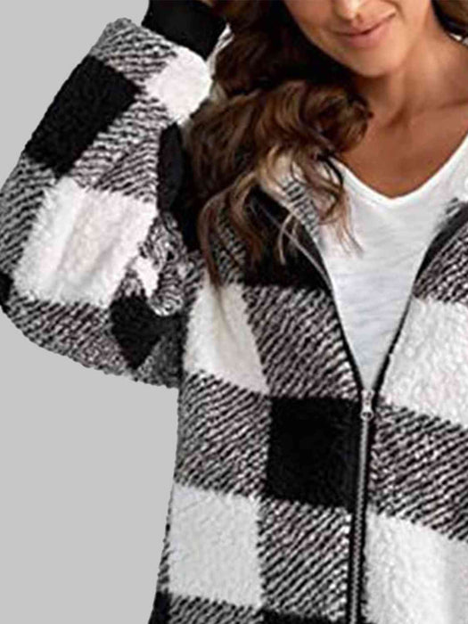 Color-Plaid Zip-Up Hooded Jacket with Pockets-Fancey Boutique