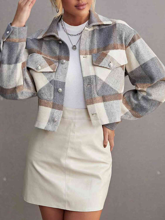 Color-Plaid Collared Neck Button Down Jacket-Fancey Boutique