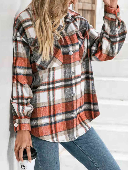 Color-Plaid Collared Neck Button Down Jacket-Fancey Boutique