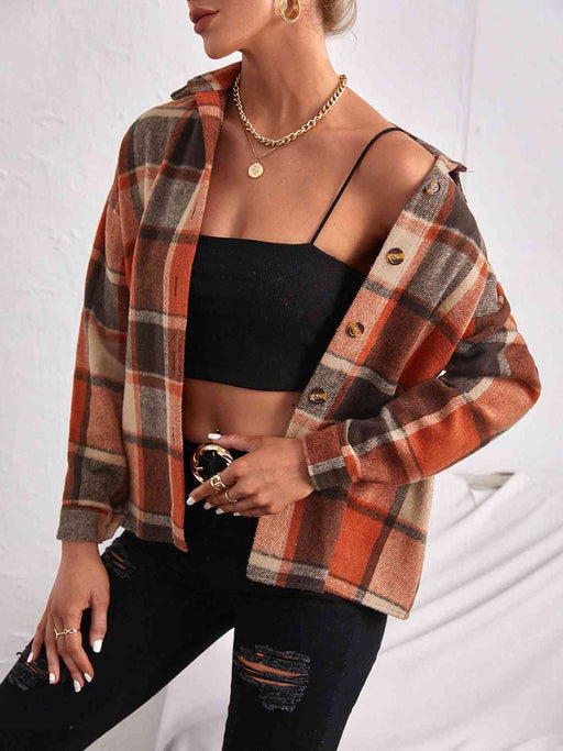 Color-S-Plaid Collared Neck Button Down Jacket-Fancey Boutique