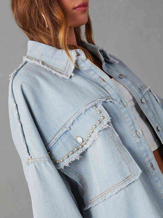 Color-Button Down Raw Hem Denim Jacket-Fancey Boutique