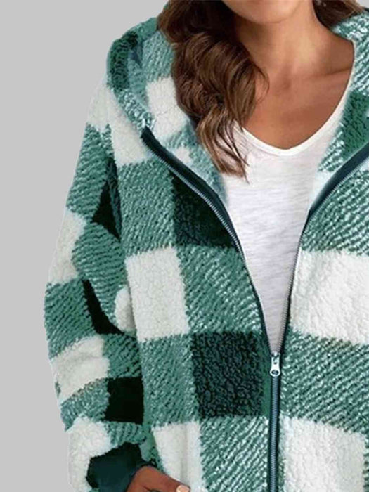 Color-Plaid Zip-Up Hooded Jacket with Pockets-Fancey Boutique