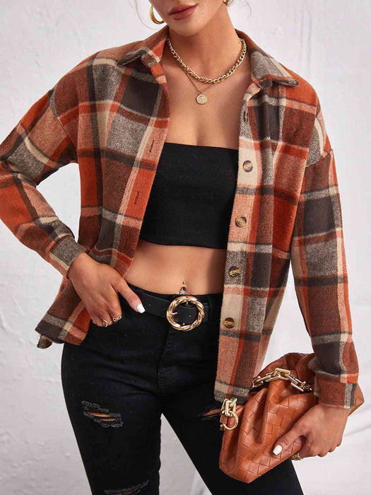 Color-Plaid Collared Neck Button Down Jacket-Fancey Boutique