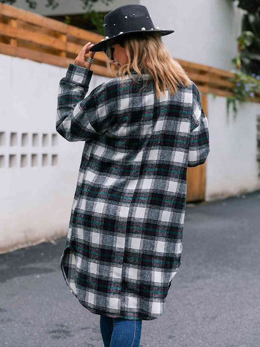 Color-Plaid Collared Neck Button Down Longline Jacket-Fancey Boutique