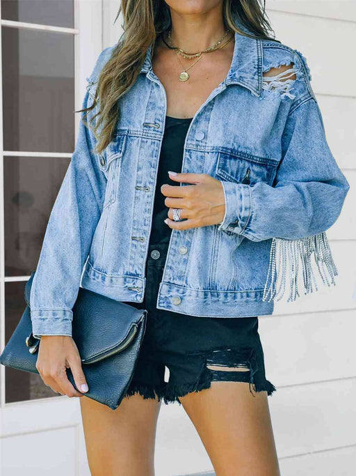 Color-S-Distressed Fringe Denim Jacket-Fancey Boutique