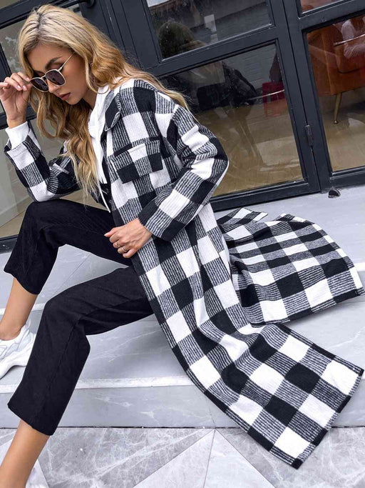 Color-S-Plaid Collared Neck Slit Longline Coat-Fancey Boutique