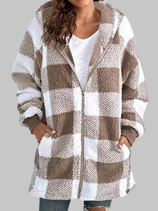 Color-S-Plaid Zip-Up Hooded Jacket with Pockets-Fancey Boutique