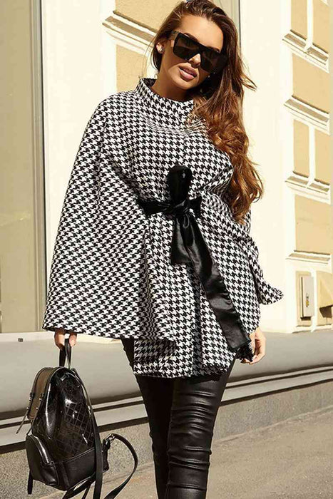 Color-One Size-Houndstooth Tie Waist Trench Coat-Fancey Boutique