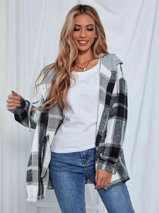 Color-Plaid Hooded Jacket with Pockets-Fancey Boutique