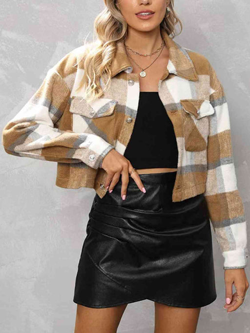 Color-S-Plaid Collared Neck Button Down Jacket-Fancey Boutique