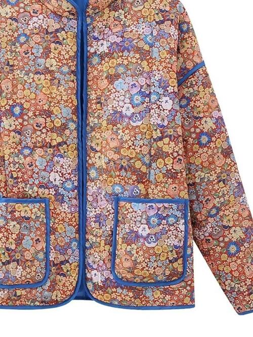 Color-Floral Open Front Puffer Jacket with Pockets-Fancey Boutique