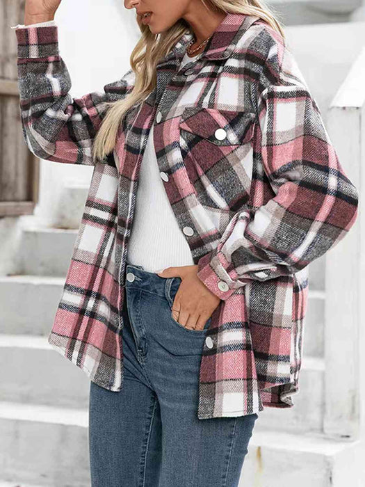 Color-Plaid Collared Neck Button Down Jacket-Fancey Boutique