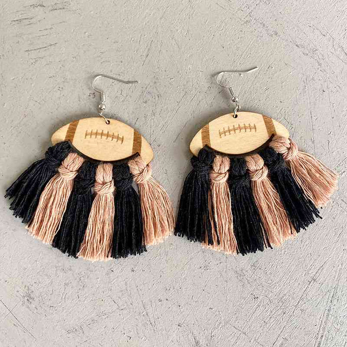 Color-One Size-Fringe Detail Football Shape Wooden Dangle Earrings-Fancey Boutique