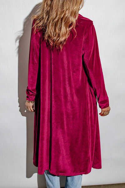 Color-Collared Neck Longline Velvet Cardigan with Pockets-Fancey Boutique