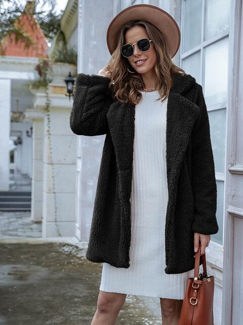 Color-Long Sleeve Teddy Coat with Pockets-Fancey Boutique