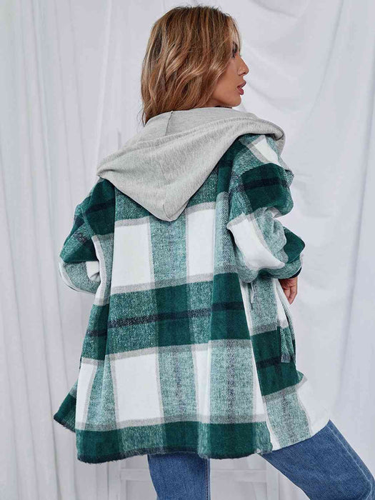 Color-Plaid Hooded Jacket with Pockets-Fancey Boutique