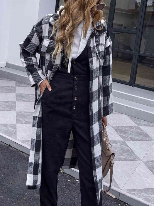 Color-Plaid Collared Neck Slit Longline Coat-Fancey Boutique