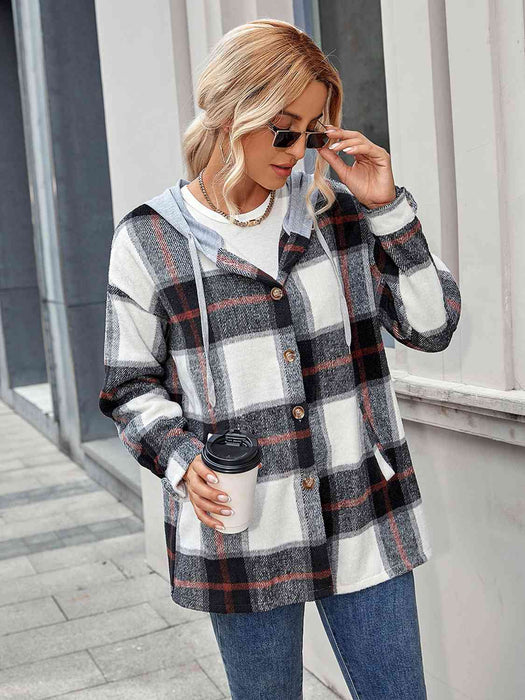 Color-Plaid Hooded Jacket with Pockets-Fancey Boutique