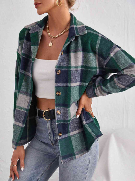 Color-Plaid Collared Neck Button Down Jacket-Fancey Boutique