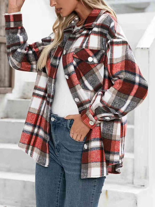 Color-Plaid Collared Neck Button Down Jacket-Fancey Boutique