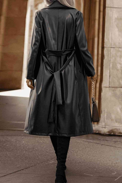 Color-Lapel Collar Tie Waist Long Sleeve Trench Coat-Fancey Boutique