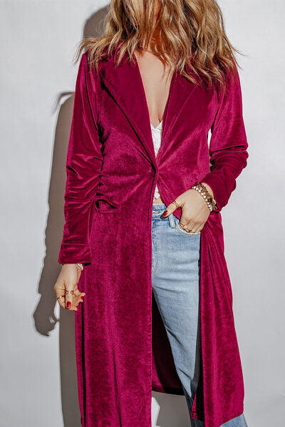 Color-S-Collared Neck Longline Velvet Cardigan with Pockets-Fancey Boutique
