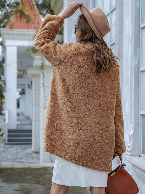 Color-Long Sleeve Teddy Coat with Pockets-Fancey Boutique