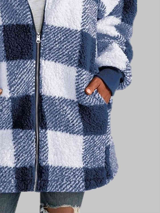 Color-Plaid Zip-Up Hooded Jacket with Pockets-Fancey Boutique