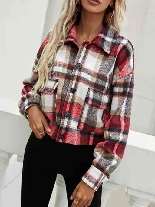 Color-S-Plaid Collared Neck Button Down Jacket-Fancey Boutique