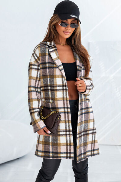 Color-Plaid Longline Jacket with Pockets-Fancey Boutique