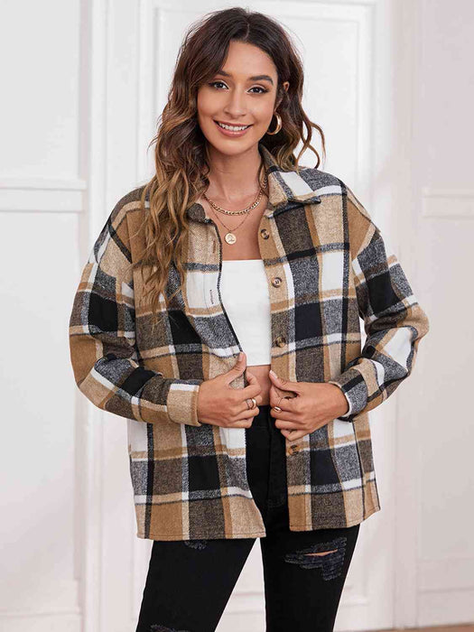 Color-S-Plaid Collared Neck Button Down Jacket-Fancey Boutique